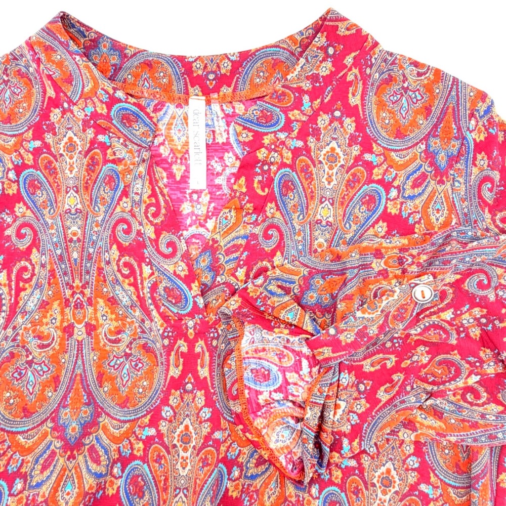 Dear Scarlett Paisley Blouse Womens Large Red Excellent Roll Tab 3/4 Sleeve